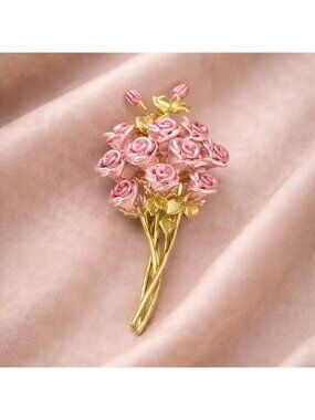 Pink Rose Bouquet Gold  Brooch